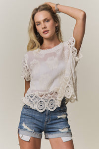 The Everly Embroidered Crochet Lace Blouse: Beige