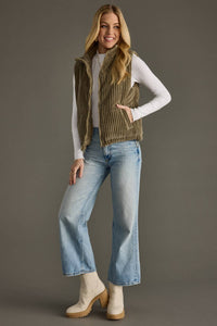 The Brynn Corduroy Puffer Vest – Olive Quilted Layer with Pockets