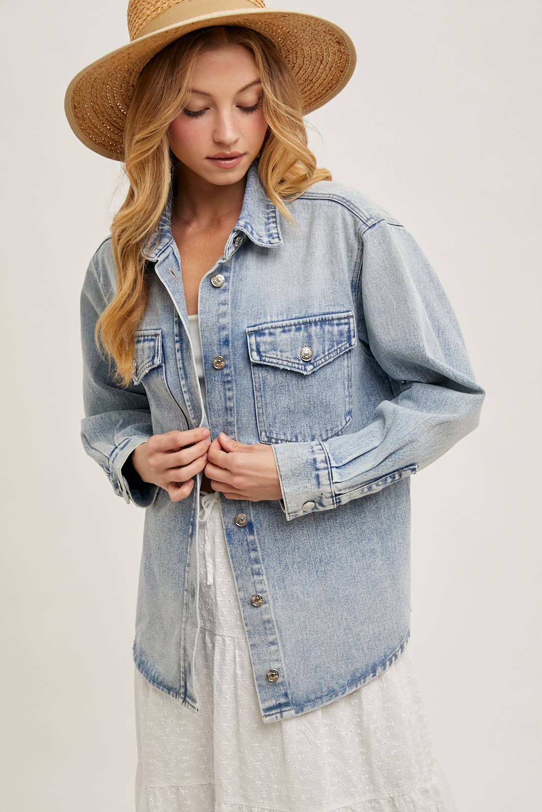 The Camille Washed Denim Shirt Jacket: Light Wash – Relaxed Button Down Shacket