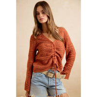 The Harvest Glow Ruched Knit Sweater: Terracotta