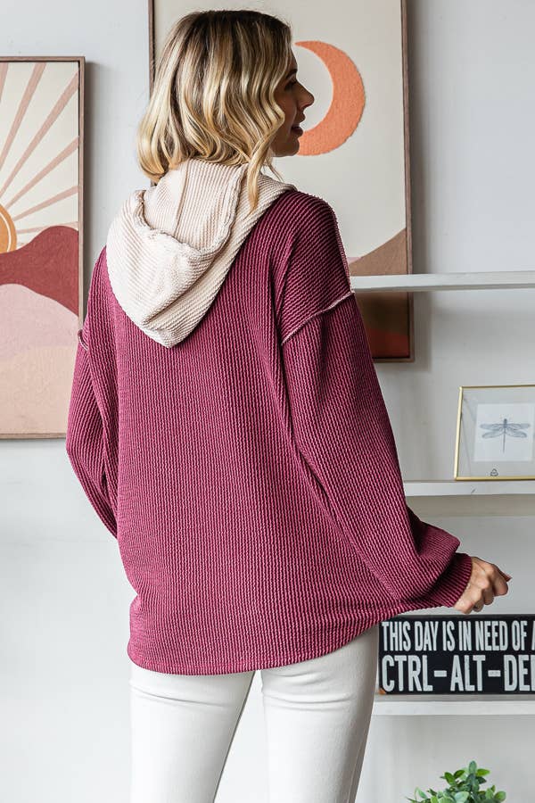 Elena Ribbed Button Front Hoodie – Colorblock Knit Pullover with Bishop Sleeves