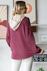 Elena Ribbed Button Front Hoodie – Colorblock Knit Pullover with Bishop Sleeves