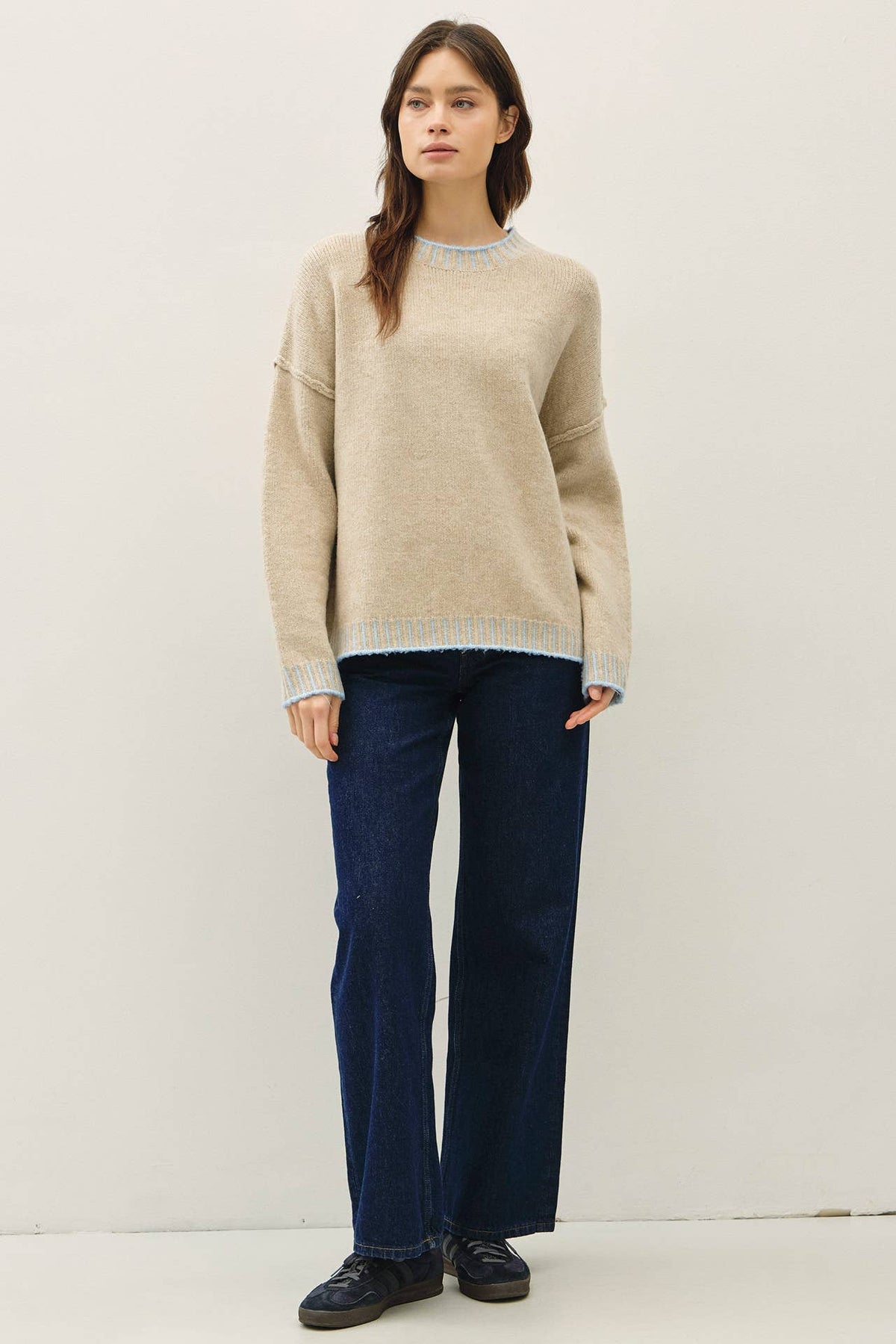 Fine Line Contrast Stitch Sweater: Oatmeal/ Ice Blue