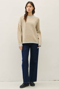 Fine Line Contrast Stitch Sweater: Oatmeal/ Ice Blue