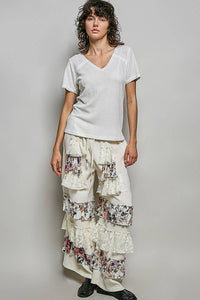 The Clara Lace Trim V Neck Top: Natural – Short Sleeve Textured Knit Everyday Basic