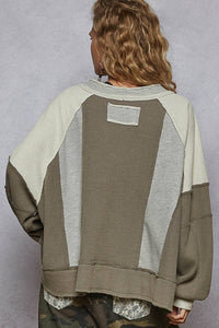 Notched Neck Contrast Fabric Basic Long Sleeve Top SALE: GREY MULTI / L