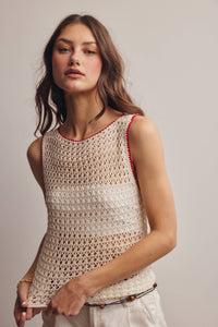 The Juniper Crochet Knit Top: Ivory Red – Sleeveless Boat Neck Lightweight Boho Tank