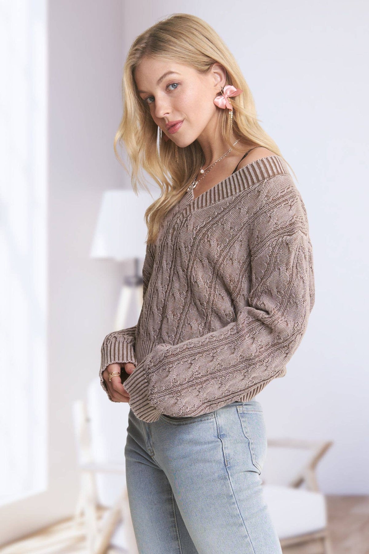 The Emery Mineral Wash Cable Knit Sweater – Mocha Taupe