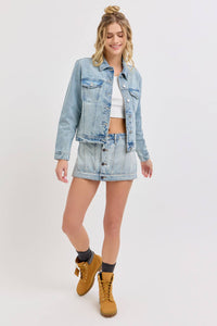 The Maggie Cropped Denim Jacket – Women’s Frayed Hem Button-Down Jean Jacket
