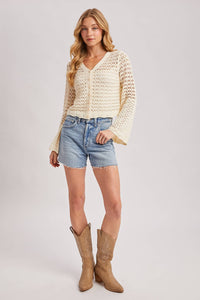 Ivory Crochet Button Front Cardigan: Ecru