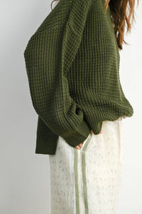 Everyday Essential Waffle Knit Sweater: Olive
