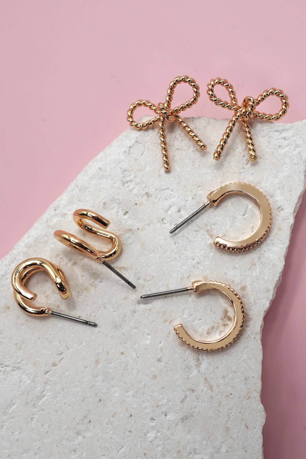 Gold Huggie & Bow Stud Earring Trio – Textured Hoop Set with Titanium Posts