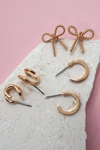 Gold Huggie & Bow Stud Earring Trio – Textured Hoop Set with Titanium Posts