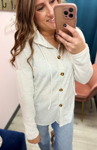 The Lennon Knit Sleeve Hooded Button-Up – Heather Gray