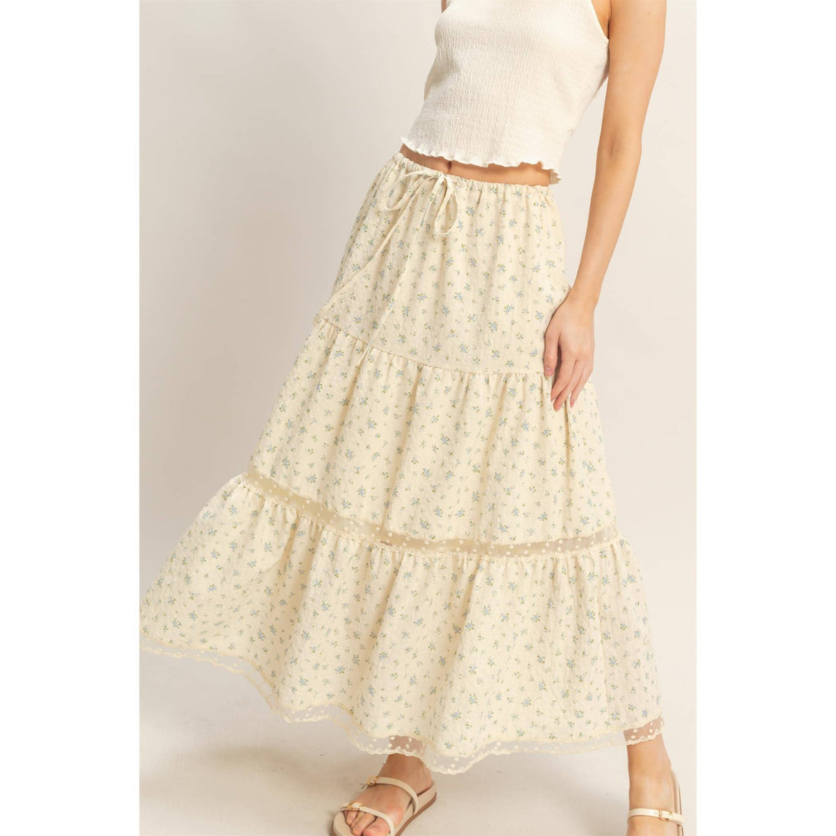 The Willow Lace Tiered Skirt: Cream/Brown Floral