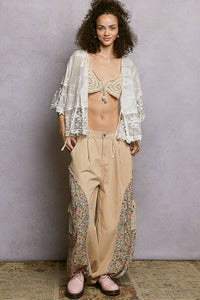 1/2 Sleeve Lace Ruffle Trim Opening Solid Crochet Cardigan: NATURAL / Os