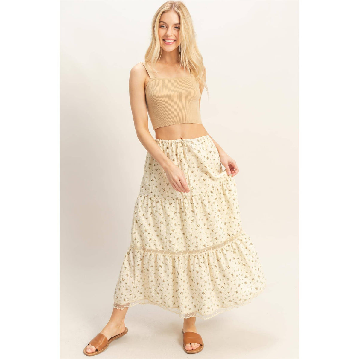 The Willow Lace Tiered Skirt: Cream/Brown Floral