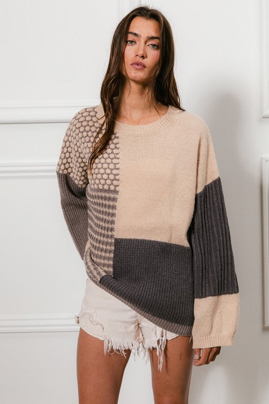 Isla Mixed Pattern Cozy Sweater: Oatmeal/Navy/ Grey