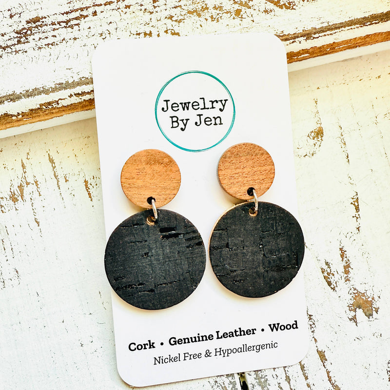 Hudson Black Cork & Wood Circle Earrings – Nickel-Free Hypoallergenic Studs