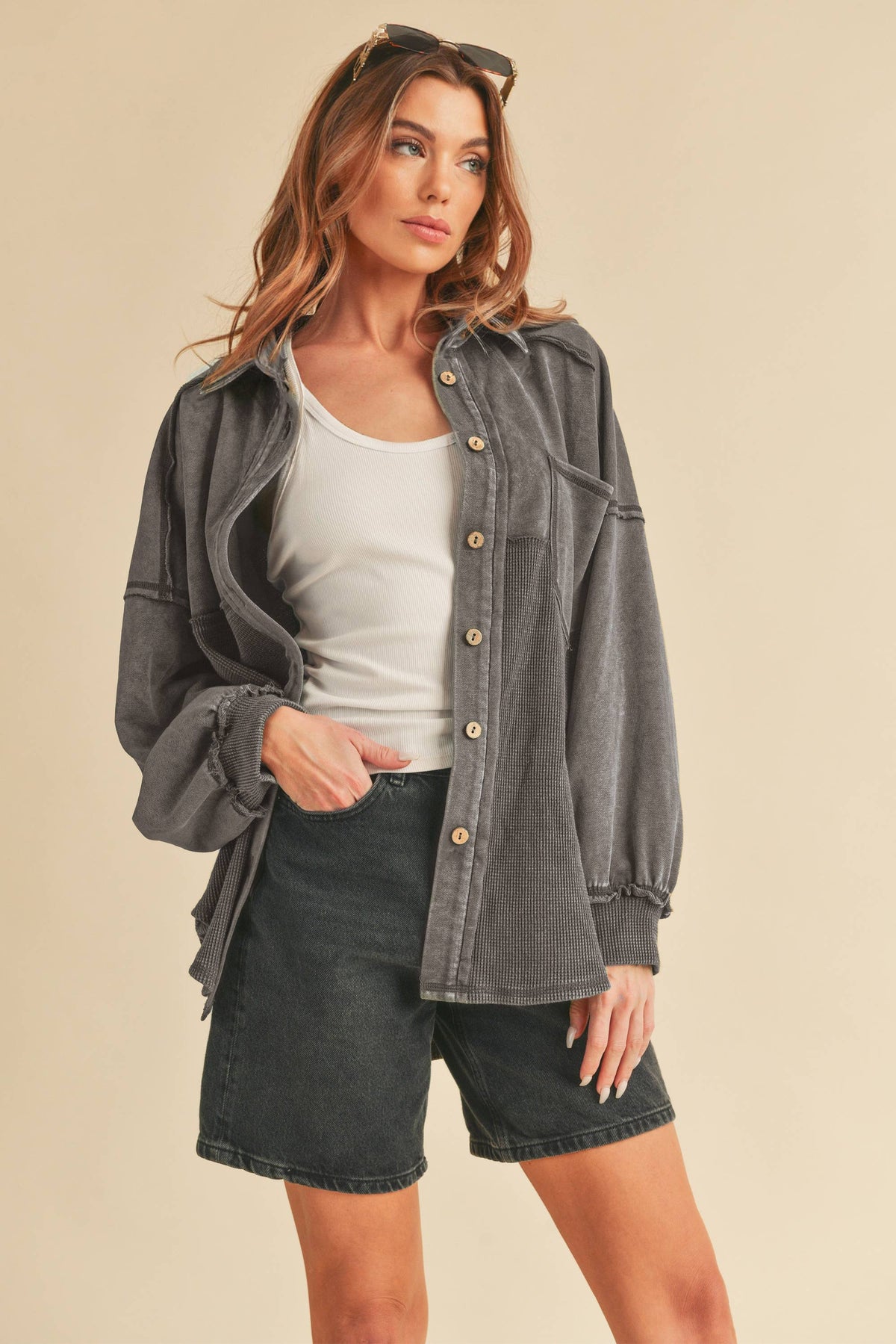 The Judie Mixed Media Vintage Wash Jacket : Charcoal – Relaxed Button Front Layering Shacket for Women