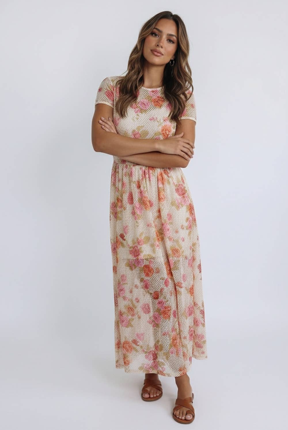 The Eliza Bloom Mesh Midi Dress: Oatmeal/Multi
