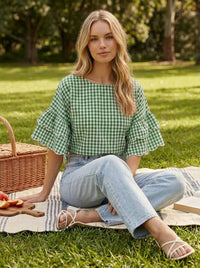 Charming Gingham Scallop Edge Wild Ruffle Sleeve Top VT83548: Brown / S