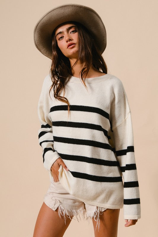 Rae Criss Cross Back Detail Stripe Sweater: Ivory/ Black