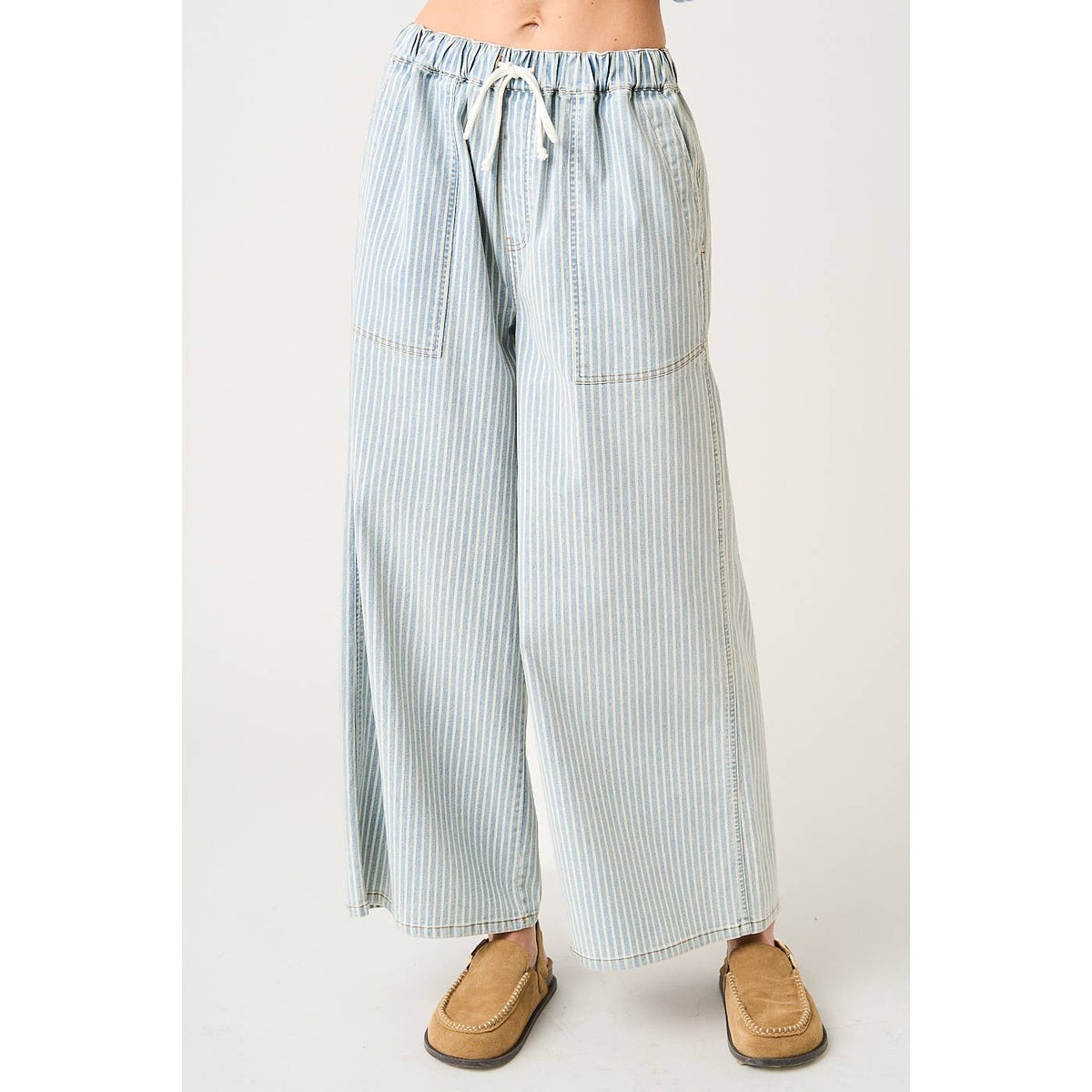 Maribel Striped Wide Leg Pants – Women’s Lightweight Drawstring Waist Casual Denim Pants