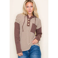 COLOR BLOCK STRIPED HOODIE TOP: OLIVE / S-M-L-XL(2-2-2-1)
