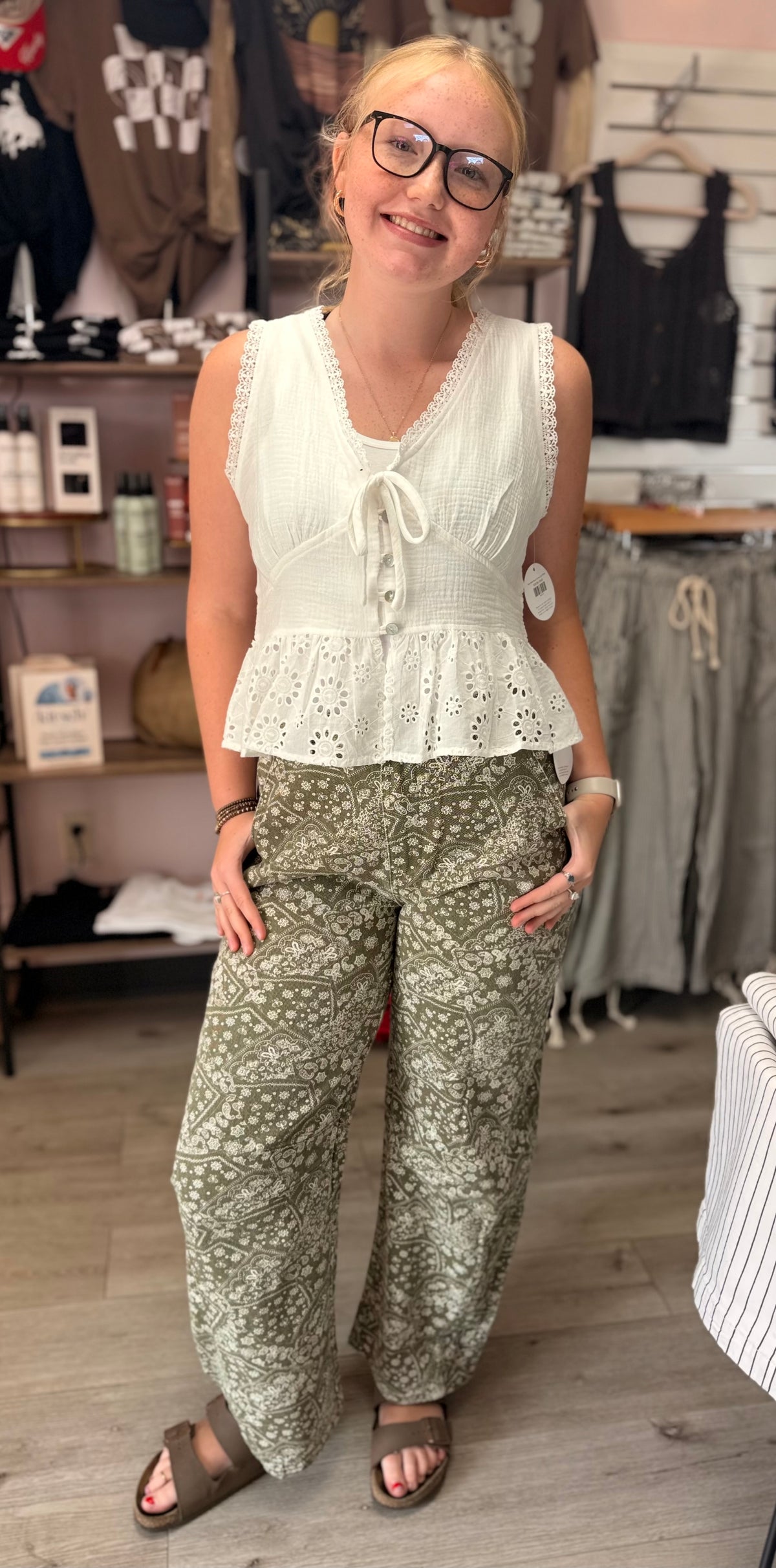 SUNFADED MARKET DAY  PAISLEY BARREL PANTS: ANTIQUE OLIVE