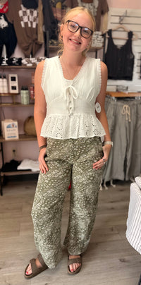 SUNFADED MARKET DAY  PAISLEY BARREL PANTS: ANTIQUE OLIVE
