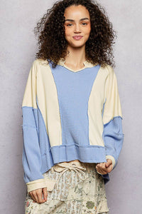 Notched Neck Contrast Fabric Basic Long Sleeve Top SALE: GREY MULTI / L