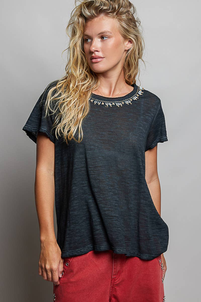 Everyday Lightweight Relaxed Fit Hand-Stitched Knit Top: Black / L