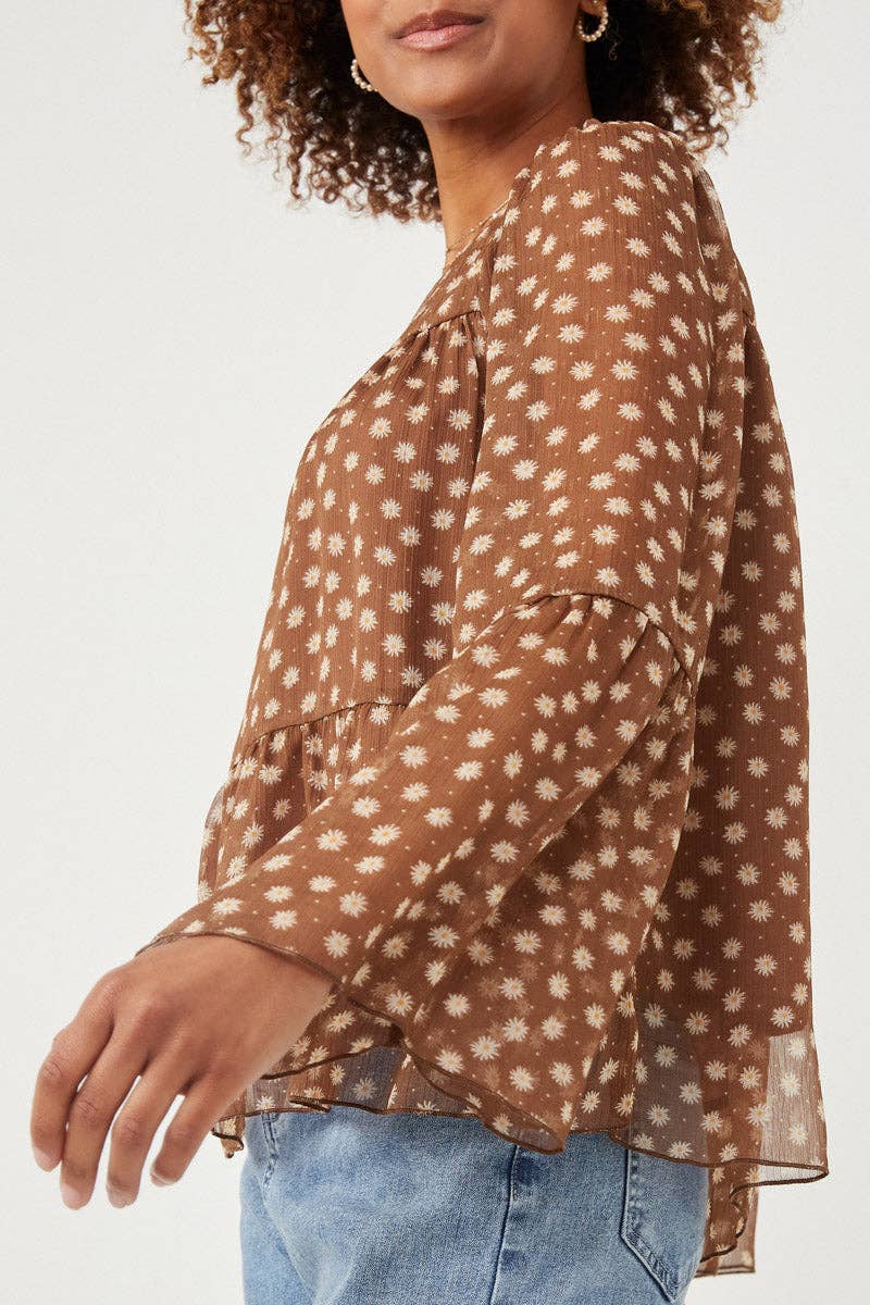 Autumn Daisy Chiffon Blouse Tiered Chiffon Top: Brown