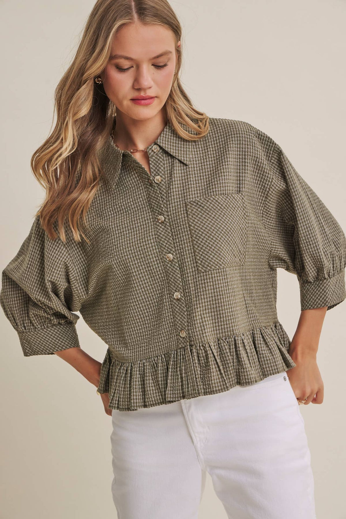MORNING OAT MICRO CHECK RUFFLE HEM BUTTON-DOWN SHIRT: VANILLA / S