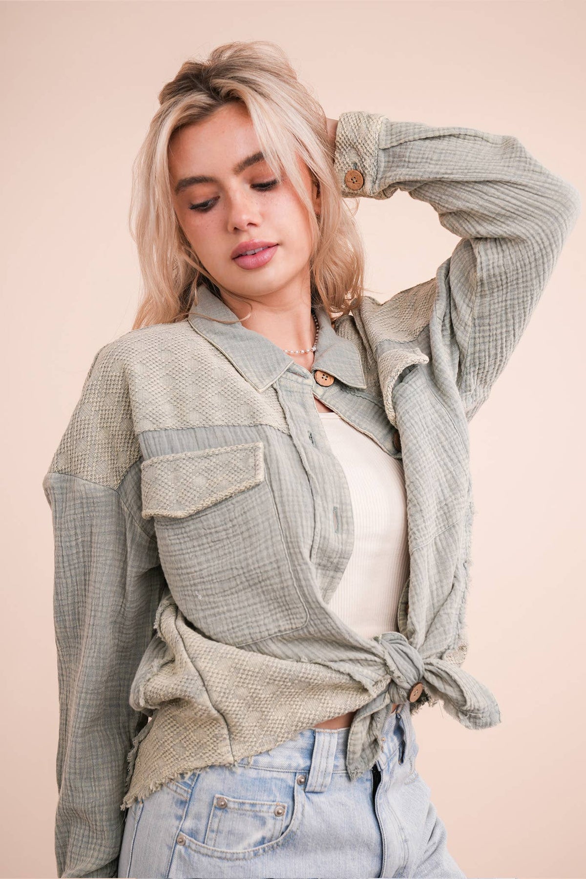 Harbor Breeze Mineral Washed Gauze Shacket – Mixed Fabric, Raw Edge Detai