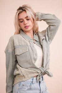 Harbor Breeze Mineral Washed Gauze Shacket – Mixed Fabric, Raw Edge Detai