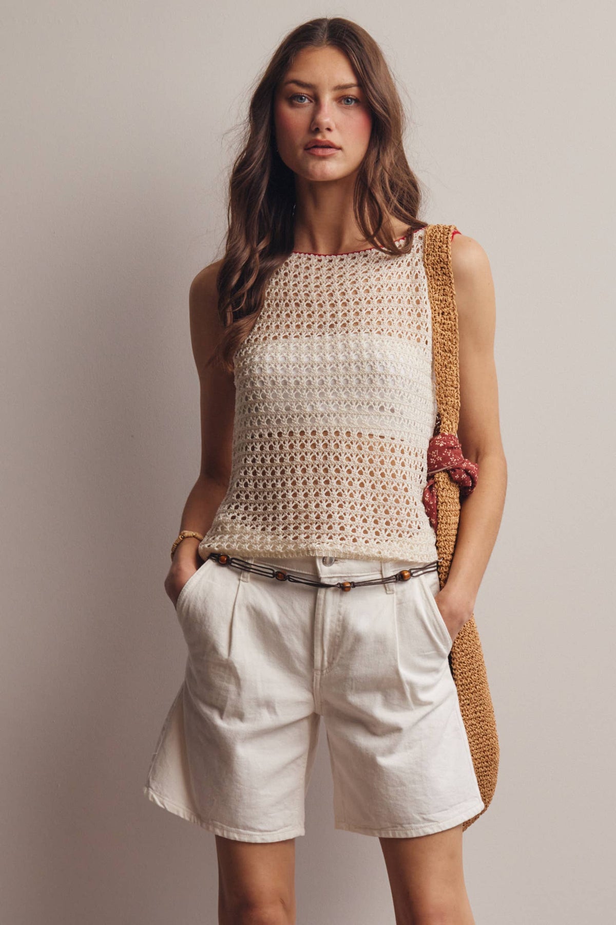 The Juniper Crochet Knit Top: Ivory Red – Sleeveless Boat Neck Lightweight Boho Tank