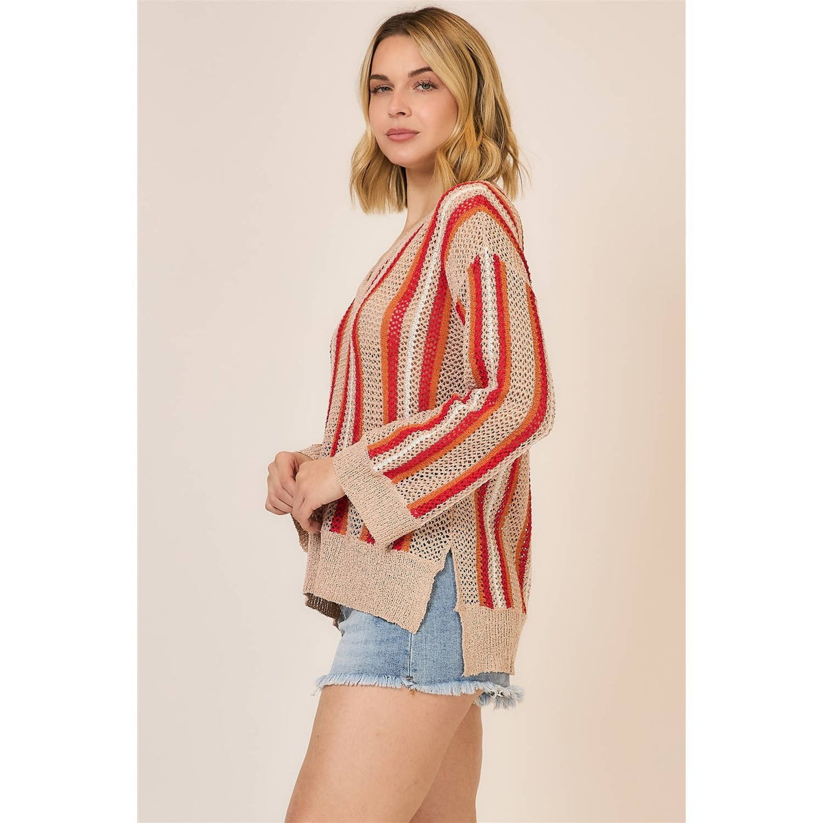 Sunset Stripe Open Knit Sweater: Taupe/ Tomato