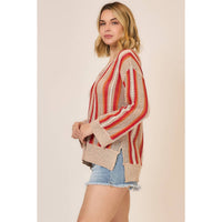 Sunset Stripe Open Knit Sweater: Taupe/ Tomato