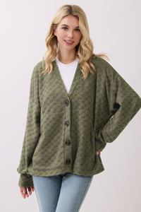 Juniper Checkered Textured Button-Up Cardigan – Soft Cozy Knit Layer