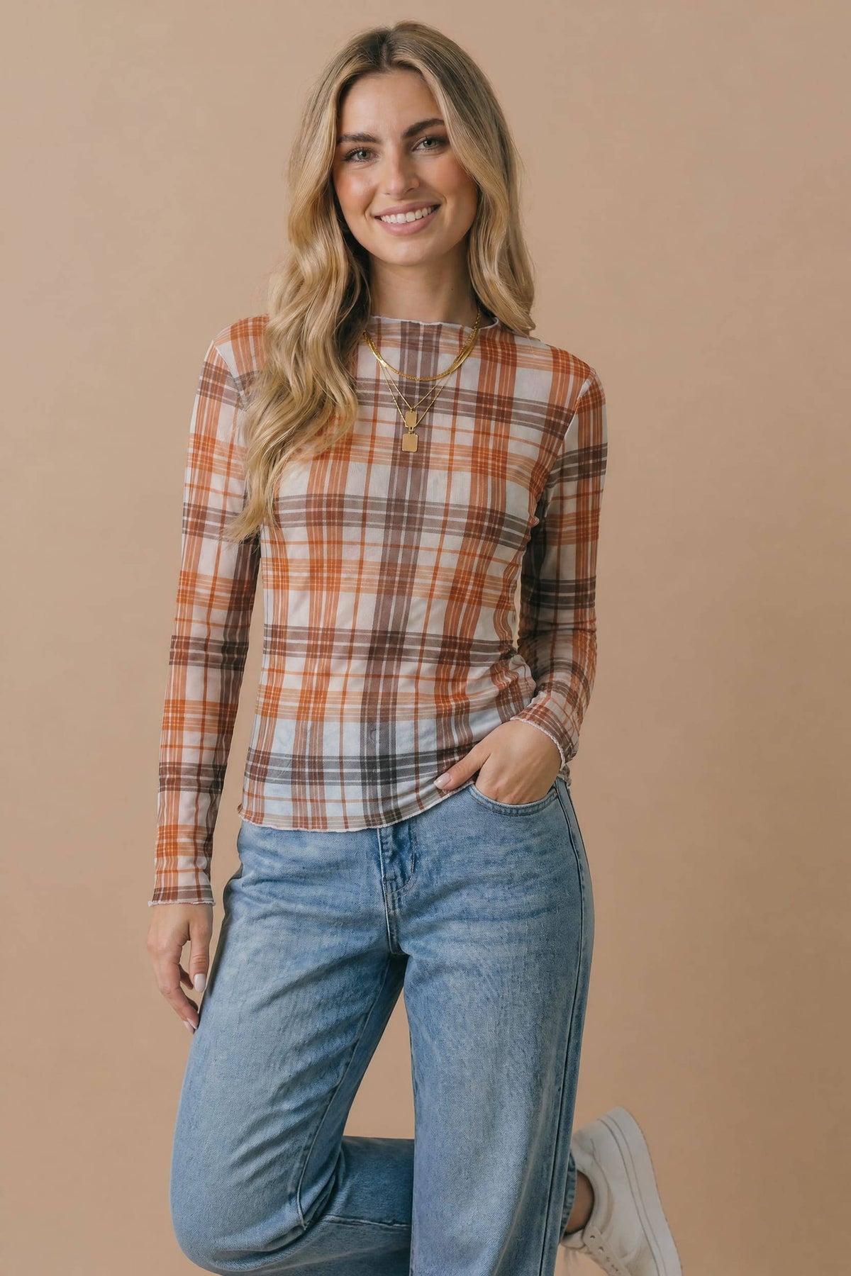 Autumn Theory Plaid Mesh Layering Top: Oatmeal/ Rust