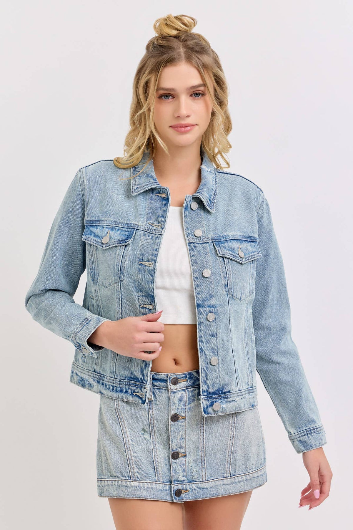 The Maggie Cropped Denim Jacket – Women’s Frayed Hem Button-Down Jean Jacket
