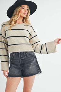 Ainslie Cashmere-Blend Striped Sweater: Oat/Black – Cropped Boxy Fit with Wide Sleeves & Ribbed Trim
