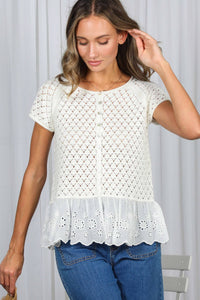 The Elodie Crochet Eyelet Ruffle Sweater: Cream