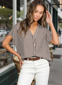 Collared Short Roll-Up Sleeve Button-Down Shirt VT83098: Brown / L