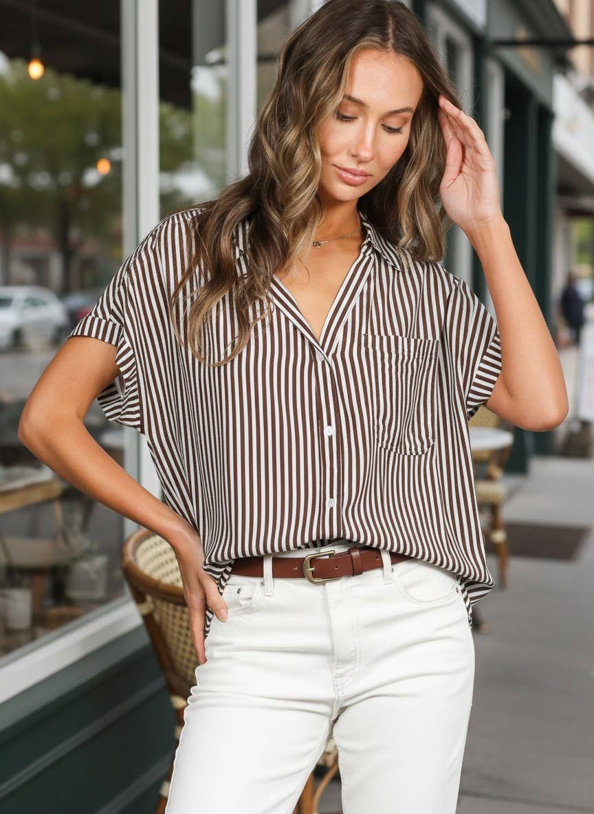 Collared Short Roll-Up Sleeve Button-Down Shirt VT83098: Brown / M