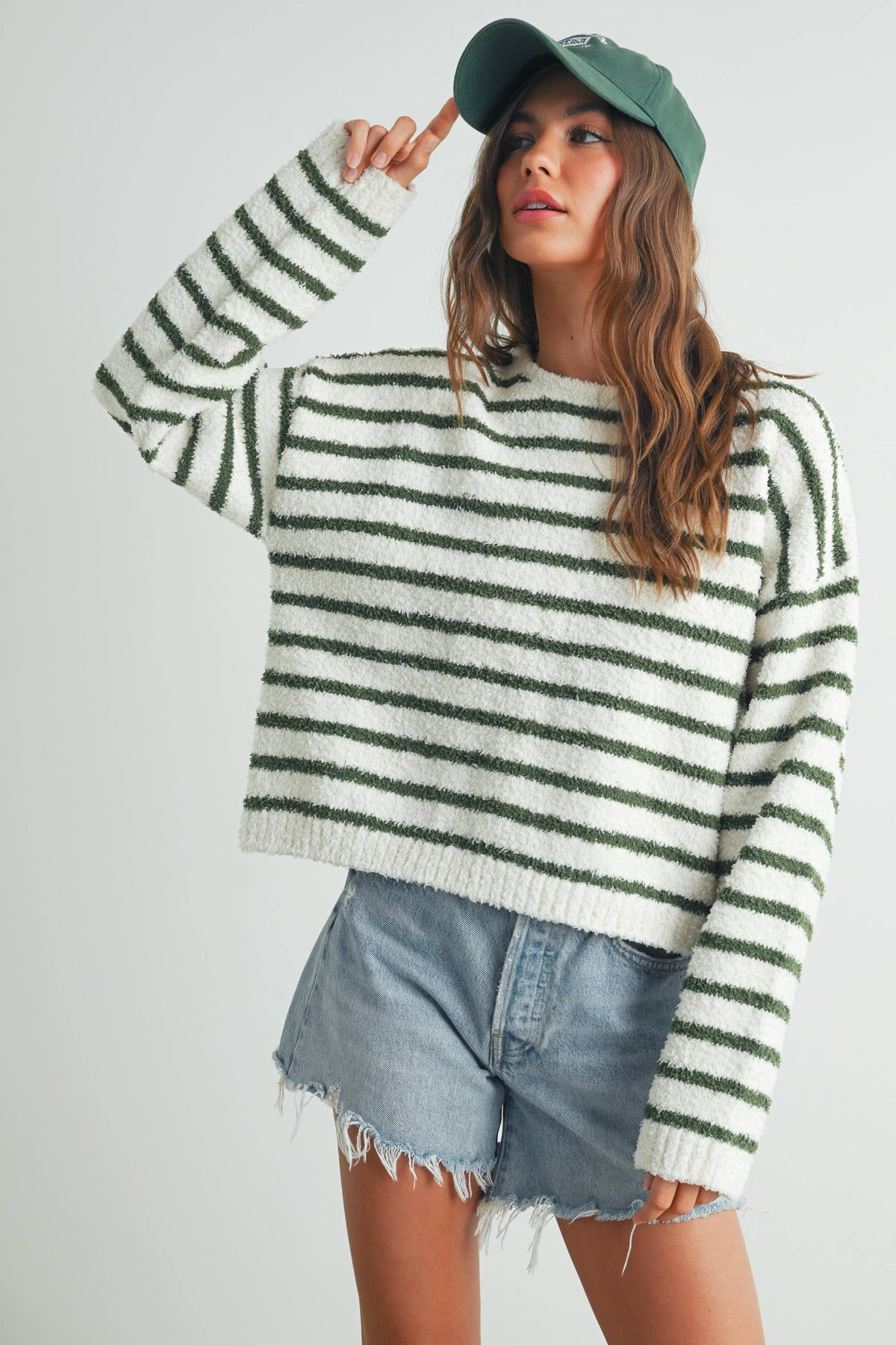 The Olivia Striped Fuzzy Knit Sweater: Ivory/Olive – Cozy Long Sleeve Pullover