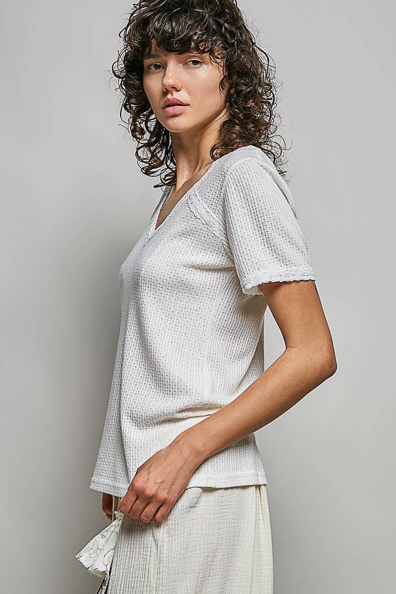 The Clara Lace Trim V Neck Top: Natural – Short Sleeve Textured Knit Everyday Basic