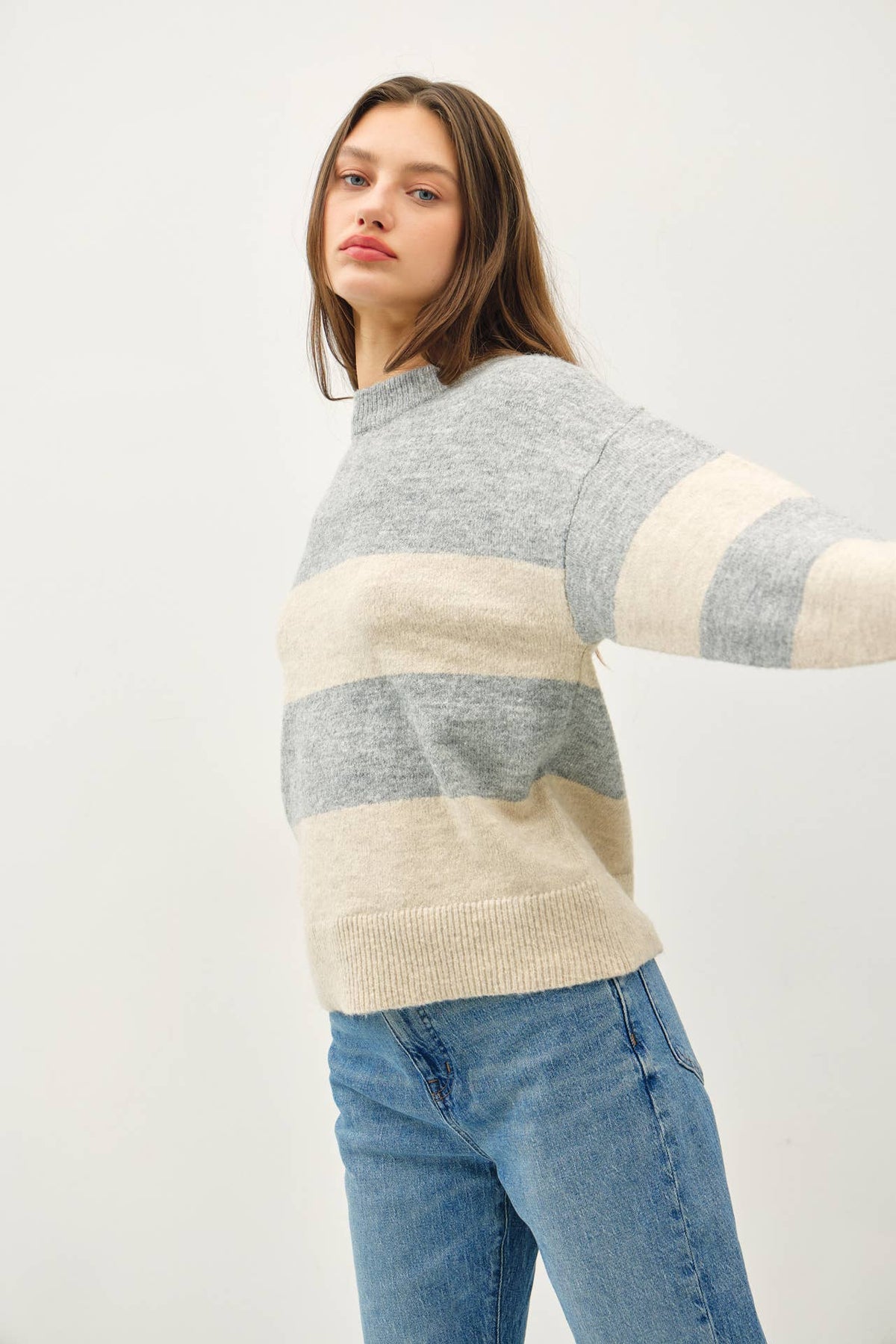 The Clover Colorblock Stripe Knit Sweater: Grey